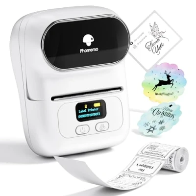 Afbeelding van Phomemo M110 labelprinter thermische printer voor draagbare etiketten, zelfklevend, geschikt kantoor, barcode, transport, kabel, winkel, met 1 etiket 40 x 30 mm, wit