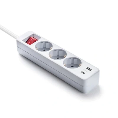 Afbeelding van FAMATEL Ecosockets Stekkerdoos, 3 stopcontacten met USB en C poorten, netschakelaar, compatibel mobiele telefoons, m, tot 3680 W, kinderbeveiliging, wit