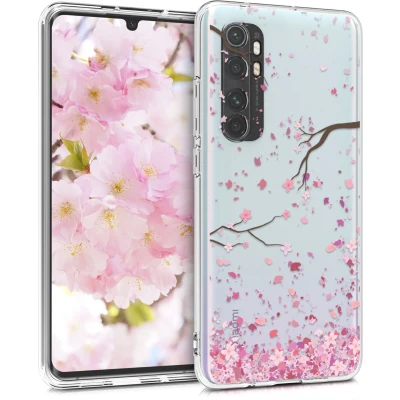Afbeelding van kwmobile telefoonhoesje geschikt voor Xiaomi Mi Note 10 Lite Hoesje smartphone in poederroze / donkerbruin transparant Kersenbloesembladeren design