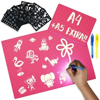 Afbeelding van Magisch Tekenbord Roze A4 + A5, 6 Stencils, 2 Lichtgevende Stiften BONNYCO Meisjes Speelgoed 3 4 5 7 8 9 Jaar Lichtgevend Bord Kinderspeelgoed, Geschenken Verjaardag Sinterklaas Kerstmis