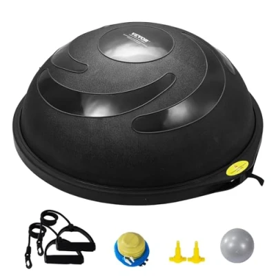 Afbeelding van VEVOR Halve oefenbaltrainer, 66 cm baltrainer, 1500 lbs capaciteit stabiliteitsbal, yogabal met weerstandsbanden en voetpomp, krachtfitnessbal voor thuissportschool, full body workout, zwart