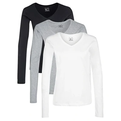 Afbeelding van Berydale Dames T shirt met lange mouwen en V hals, gemaakt van 100% katoen, Zwart/wit/grijs, set 3, L