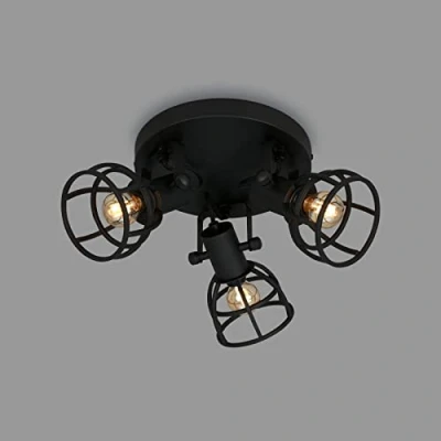 Afbeelding van BRILONER Retro plafondlamp met traliekap, 3 lichts vintage plafondlamp, E14 fitting max. 25 watt, verstelbare lampenkappen, rustieke plafondspot gemaakt van staal, zwart.