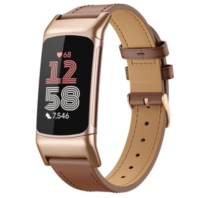 Afbeelding van MoKo Leather Strap Compatible with Fitbit Charge 6/Fitbit 5 for Women Men, Genuine Watch Band Replacement Wristband, Brown