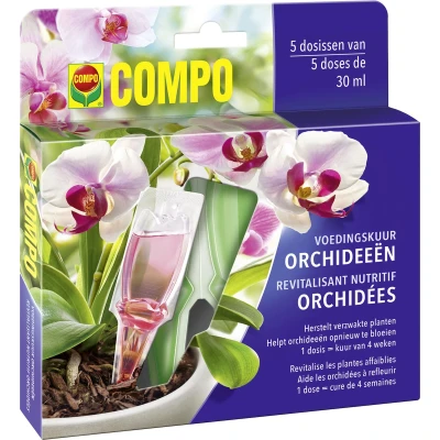 Afbeelding van COMPO Voedingskuur Orchideeën voedt en herstelt verzwakte planten voor prachtige bloemen sterke gebruiksklare dosissen doosje 5 x 30 ml