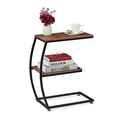Afbeelding van Relaxdays bijzettafel industrieel, 2 etages, u vorm, salontafel metaal &amp; houtkleur, HBD: 57,5x47,5x25 cm, bruin