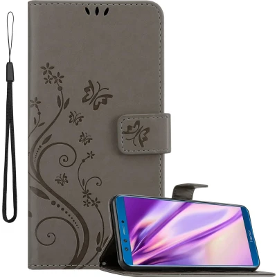 Afbeelding van Cadorabo Hoesje geschikt voor Honor 9 LITE in BLOEMEN GRIJS Beschermhoes bloemmotief met magnetische sluiting, standfunctie en kaartsleuven Book Case Cover Etui