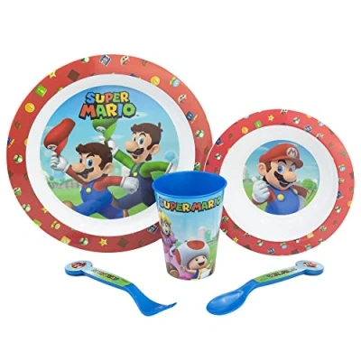 Afbeelding van KINDERTAFELSET 5 Delig. Borden, kom, glas 260 ml en dekens. Zonder bisfenol A magnetroncompatibel. SUPER MARIO