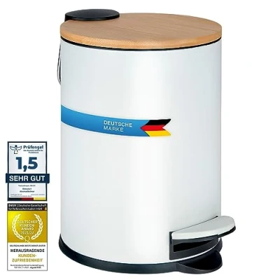Afbeelding van Dimono® Cosmetic Bin 3 liter plat badkamer Afvalemmer pedaalemmer met bamboe deksel en anti slip trede voor &amp; keuken