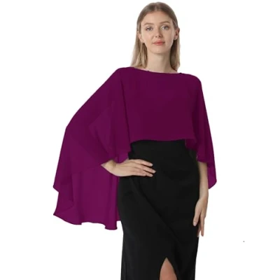 Afbeelding van Hotshawl Capelets voor vrouwen, chiffon cape, sjaals en wraps avondjurk, bruiloft, cover up, Fuchsia, Eén Maat