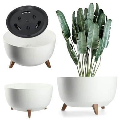 Afbeelding van KADAX Bloempot van kunststof met drie insteeksteunen, ronde bloemenschaal, plantenbak, bloembak, plantenbak voor balkon, woonkamer (diameter 47 cm, wit)