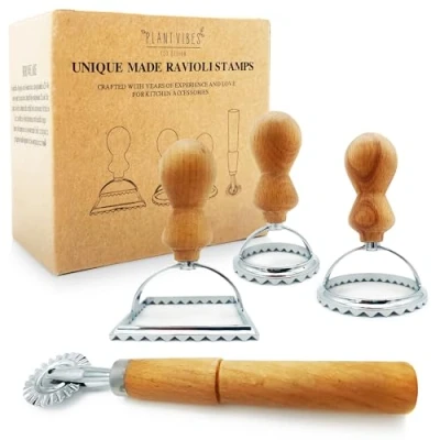 Afbeelding van Plantvibes Ravioli Snijder, 3 delige set, traditionele stempels met houten handvat, comfortabel en eenvoudig, maker, ideaal voor zelfgemaakte pasta