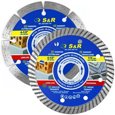 Afbeelding van S&amp;R diamantdoorslijpschijven 115 mm set 2 stuks, 1x segment standaard, turbokant x 10 22,2/15,88 (incl. reduceerring), voor steen, beton, baksteen, tegels