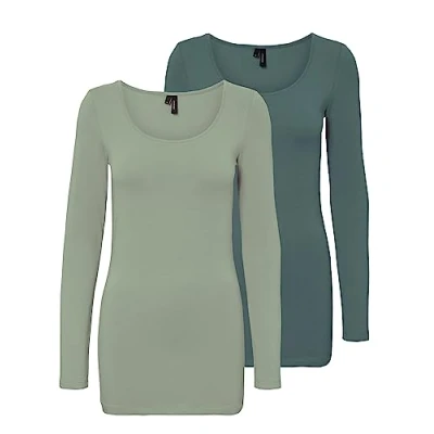 Afbeelding van VERO MODA Damesblouse met lange mouwen, verpakking van 2 stuks, Groen (1x Desert Sage/1x Balsam Green), L