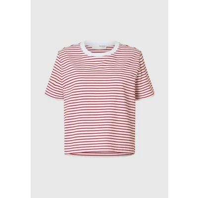 Afbeelding van Selected Femme Slfessential Striped NOOS Tshirt print, Dames, Maat: 38, Equestrian red stripes bright white thin