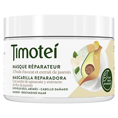 Afbeelding van Timotei Reparatiemasker voor beschadigd haar met avocado olie en jasmijnbloesem extract; plantaardige ontwarringsmiddelen, 98% natuurlijke ingrediënten zonder siliconen, 300 ml