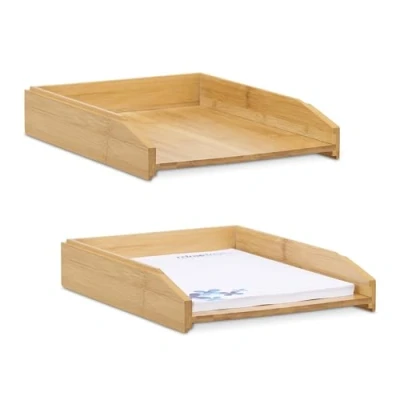 Afbeelding van Relaxdays brievenbak stapelbaar set van 2 bamboe postbak bureau sorteerbak