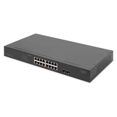 Afbeelding van DIGITUS 19 inch PoE netwerkswitch 16 poorts Gigabit + 2 SFP onbeheerd VLAN 250W power budget 10/100/1000 Mbit/s zwart