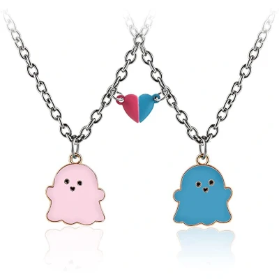 Afbeelding van Bixorp Friends BFF Ketting voor 2 met Spookjes &amp; Magnetisch Hartje Roze/Blauw Zilverkleurig &quot;Best Friends&quot; Vriendschapsketting