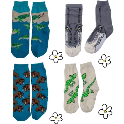 Afbeelding van Nature Planet kindersokken set van 4 paar sokken t rex zeeschildpad gekko mammoet (100% Oeko tex gecertificeerd) maat 23 28