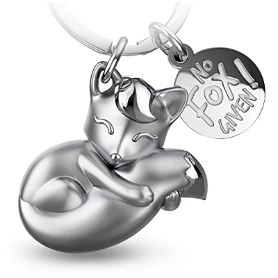 Afbeelding van FABACH Fuchs sleutelhanger Foxy met gravure, schattige vos, geluksbrenger, bedel voor vrouwen, cadeau beste vriendinnen, vos hanger, No Fox Given, zilver