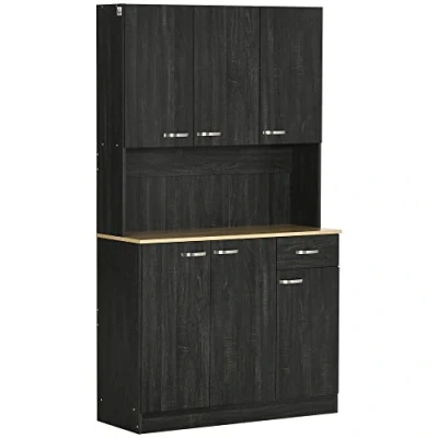 Afbeelding van HOMCOM Keukendressoir moderne keukenkast meerdere opslag 6 deuren 1 lade groot dienblad 101 l x 39 b 180 h cm in zwart hout
