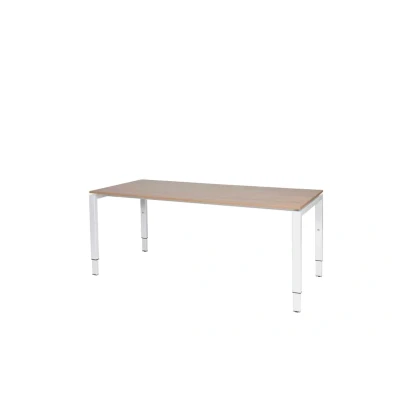 Afbeelding van Domino bureau, hoogte instelbaar (62 85cm) met 180x90cm &#039;zwevend&#039; havana/ kersen licht 25mm blad en wit (RAL9010) N poot frame