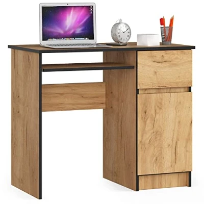 Afbeelding van AKORD Piksel Bureau klein met schuifladen, computertafel, bureautafel toetsenbordplank, lade en vak deur, houten decoratie, 90 x 77 50 cm, 30 kg, kast rechts, handwerk eiken