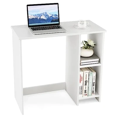 Afbeelding van COSTWAY Klein bureau, computertafel met 2 vakken, pc tafel, bureautafel voor kleine ruimtes, wit, 80 x 40 74 cm