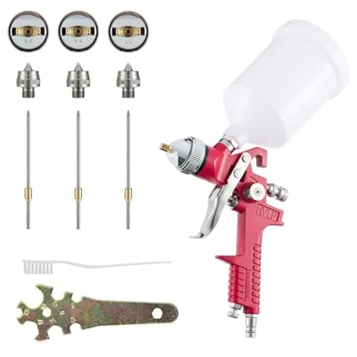 Afbeelding van BenBow HVLP Verfspuitpistool met sproeierset 1, 4+, 8 mm 2,5 spuitpistool kit 600 ml plastic beker, chroom rood