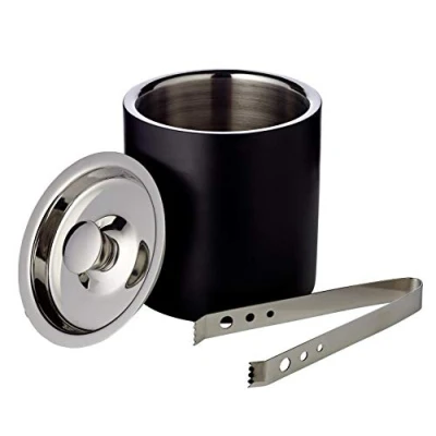 Afbeelding van EDZARD ijsemmer Pearl, dubbelwandig, ijsblokbakje met deksel, hoogte 16,5 cm, ijskoeler hoogglanzend gepolijst roestvrij staal in matzwart (voor ijsblokjes incl. stalen ijstang)