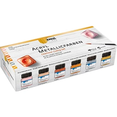 Afbeelding van KREUL 77601 Color Living Set van 6 x 20 ml acryl metallic verf potjes met 1 penseel Romige, dekkende glamoureus effect Sneldrogend &amp; waterbestendig