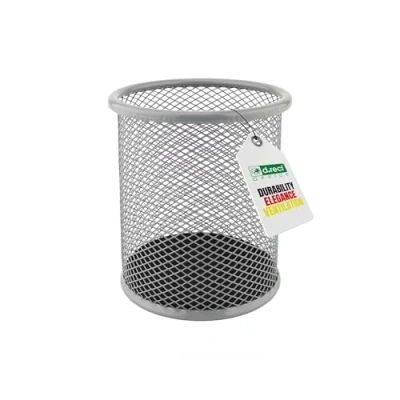 Afbeelding van LEVIATAN Metalen pennenkoker pennenhouder rond van draadmetaal mesh multifunctionele beker voor balpen kantoor/school Ø 91 mm, asgrijs