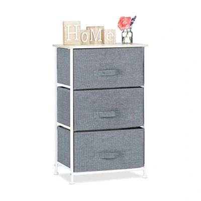 Afbeelding van Relaxdays ladekast, rek met 3 stoffen manden, HxBxD: 73 x 45 30 cm, universeel ladenblok, metaal en hout, grijs