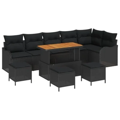 Afbeelding van vidaXL 10 delig tuinbankstel met kussens Zwart Poly Rattan Acacia, 2 zits tuinbank Rattan, 4 tuin eetset Acacia