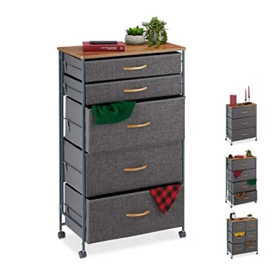 Afbeelding van Relaxdays ladekast op wielen, 5 stoffen lades, mooie kast, blad in houtlook, HBD 96.5 x 58 30 cm, grijs