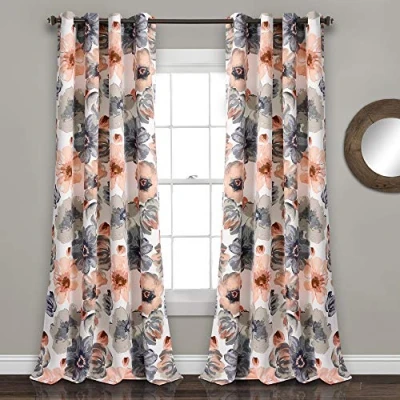 Afbeelding van Lush Decor Leah bloemen geïsoleerde doorvoertule, 52&quot; B x 108&quot; L, koraal &amp; grijs