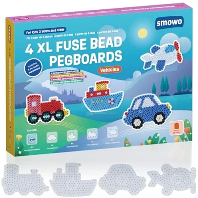 Afbeelding van Smowo® Strijkkralplaten, voertuigen, 10 mm, in vele vormen, set met 4 steekplaten en sjablonen, grote grondplaten voor kinderen vanaf 3 jaar