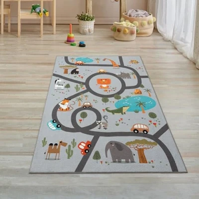 Afbeelding van Teppich Traum Kindertapijt, kinderkamer, wasbaar, antislip, speelmat, safari, straten, auto&#039;s, dieren, grijs, 80 x 150 cm