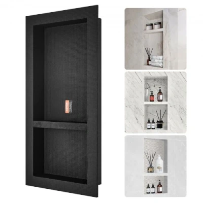 Afbeelding van VEVOR Douchennis klaar voor tegels 40,64 x 81,28 cm, dubbele plankorganizer, vierkante hoeken muurinbouw nis verzonken, verzegelde bescherming moderne zeepopbergnis douche badkamer, zwart