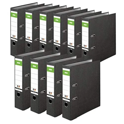 Afbeelding van Origineel DINOR Ordner Wolkenmarmer Recycling Made in Germany. 10 stuks 8 cm breed DIN A4 zwart dossiermap briefmap kantoormap kartonnen mapleufmap groen balk Blauwe Engel