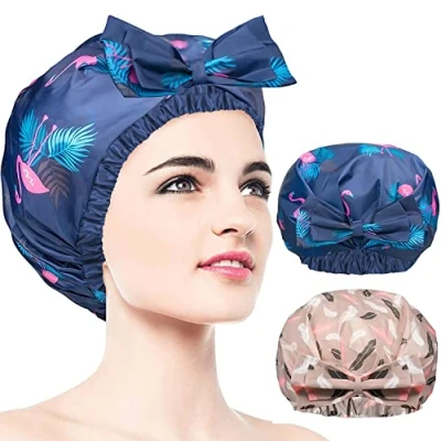 Afbeelding van 2 stuks waterdichte douchemutsen, extra grote verstelbare haarkap met strikknoop voor vrouwen, herbruikbare dubbellaagse badmuts douche, spa, make up, ontwerp alle