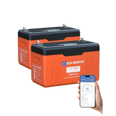 Afbeelding van ECO WORTHY LiFePO4 2 300 Ah 12 V bluetooth met display, 7,68 KWH lithium batterij BMS lage temperatuurbescherming voor zonne installatie, complete set
