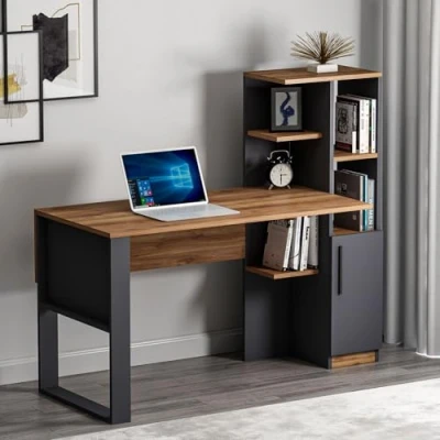 Afbeelding van HOMIDEA TODY Bureau computerbureau &amp; schrijftafel werkplek opbergruimte met deur en planken in modern design voor thuiskantoor of kinderkamer, antraciet / briarsmoke (grijsbruin)