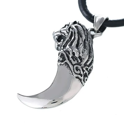 Afbeelding van DonDon heren leren ketting leer halsketting 50 cm met roestvrij stalen hanger leeuw tand massief