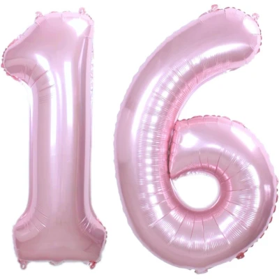 Afbeelding van Folie Ballon Cijfer 16 Jaar Roze 36Cm Verjaardag Folieballon Met Rietje