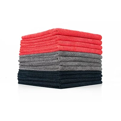 Afbeelding van The Rag Company 12 stuks 40,6 x cm microvezel multifunctionele handdoeken van commerciële kwaliteit, hoog absorptievermogen, pluisvrij, streepvrij (zwart/grijs/rood)