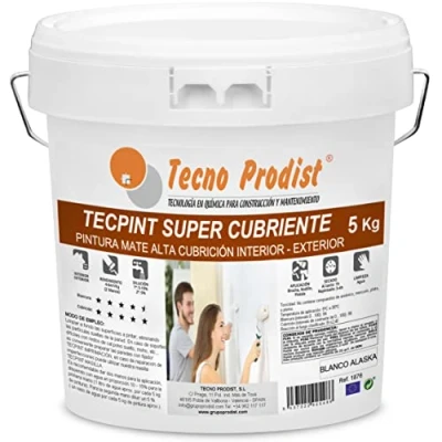 Afbeelding van Tecno Prodist Super dekkende verf 5 kg (wit) voor binnen en buiten op waterbasis extra dekking, witte Alaska afwerking, wasbaar, geurloos, spettert niet, eenvoudig te gebruiken