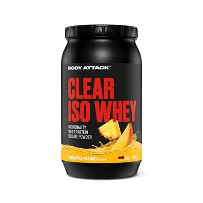 Afbeelding van Body Attack Clear iso Whey Pineapple mangosmaak 900 g Made in Germany verfrissend, helder weiproteïne isolaat 24 eiwit en 11.400 mg EAA&#039;s * per Shake, suiker vetvrij