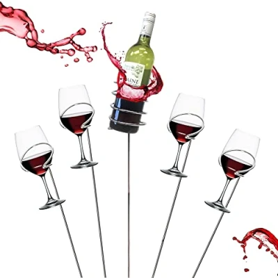 Afbeelding van Mind Reader Picknick wijnglas en flessenstokken, buiten eten, metaal, 5 delige set, 3,5 inch L x B 19 H, zilver